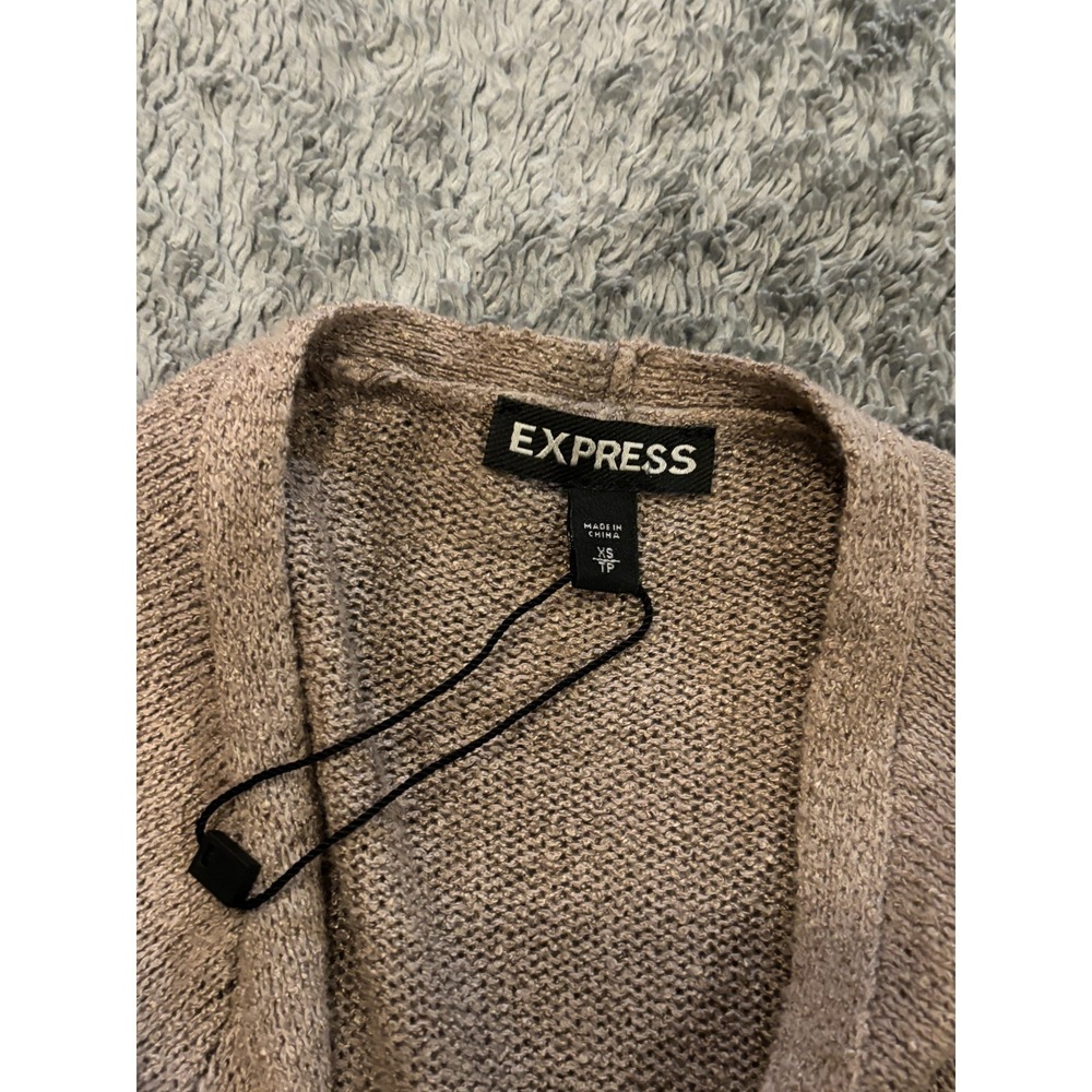 NWOT Express Open Front Cardigan Womens XS Beige Brown Ruffle Shoulder 3/4 - Picture 2 of 5